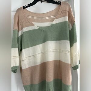 Women's V-Neck Striped Knit Sweater in Sage, Cream & Tan